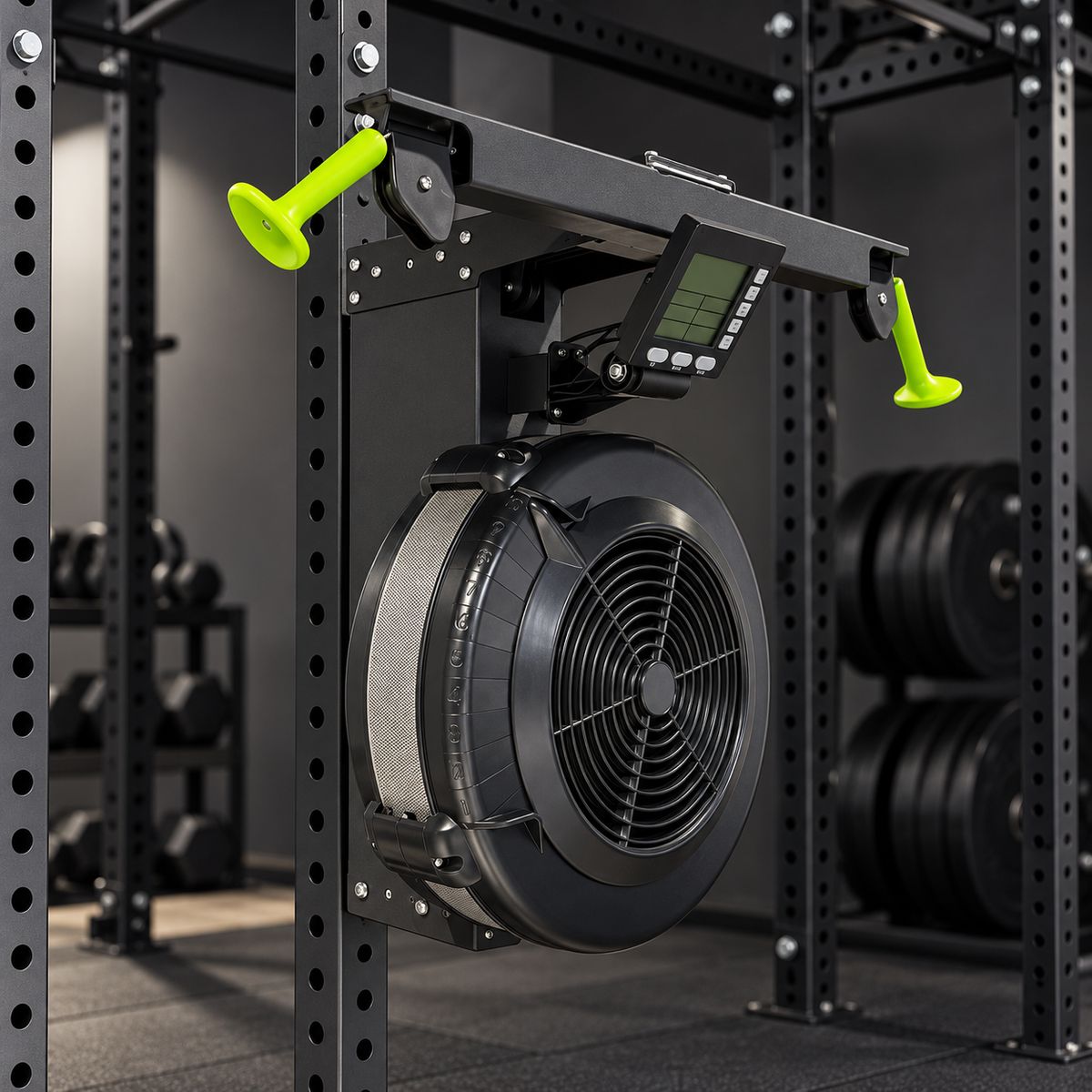 Ski erg fixé sur un rack de musculation noir