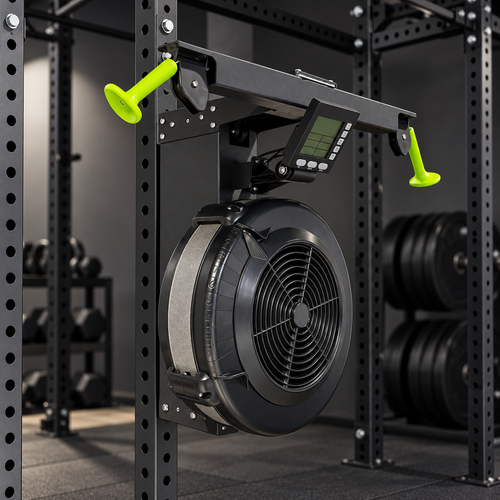 Ski Ergo Compact, ski trainer à résistance à air fixé sur un rack de musculation noir